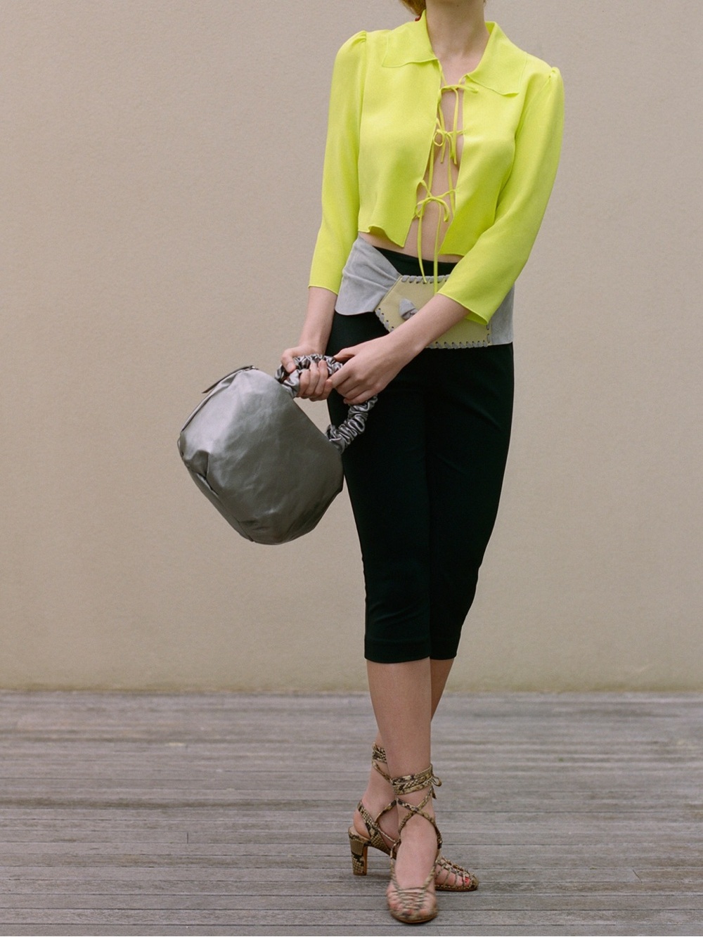 Maryam Nassir Zadeh Neon Yellow Wren Tie Front Crop silk Blouse